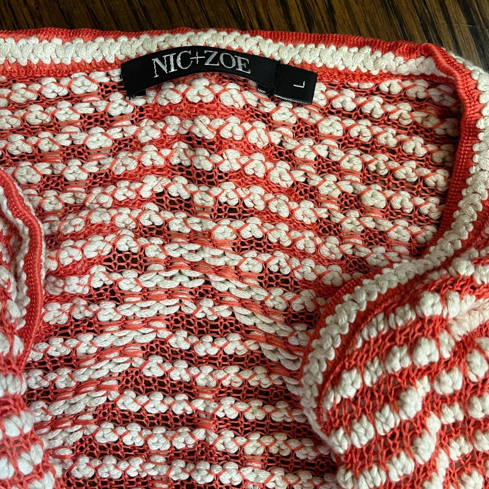 Nic + Zoe Womens Cardigan Coral White Large Cotton Blend Open Knit - Picture 2 of 3